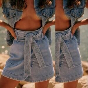Sézane Lana Bleached Denim Wrap Mini Skirt with Tie Belt